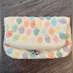 Vintage Beaded Satin Clutch/Pastel Seed Pearl Evening Bag